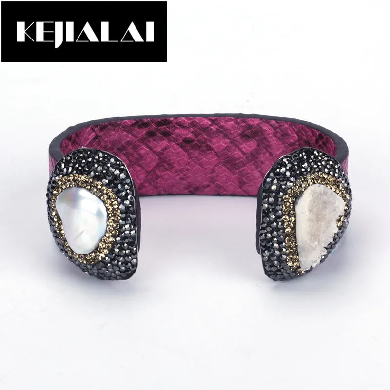 Boho Punk Bangle Cuff Two Gems Leather Wrap