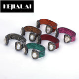 Boho Punk Bangle Cuff Two Gems Leather Wrap