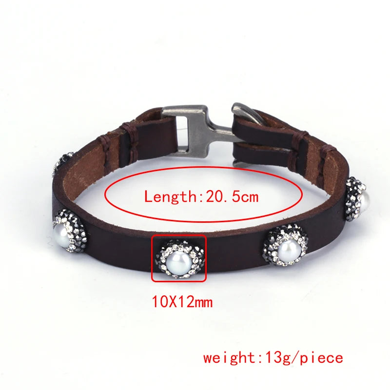 Vintage Leather Bangle Bracelet with Freshwater Pearl Charm