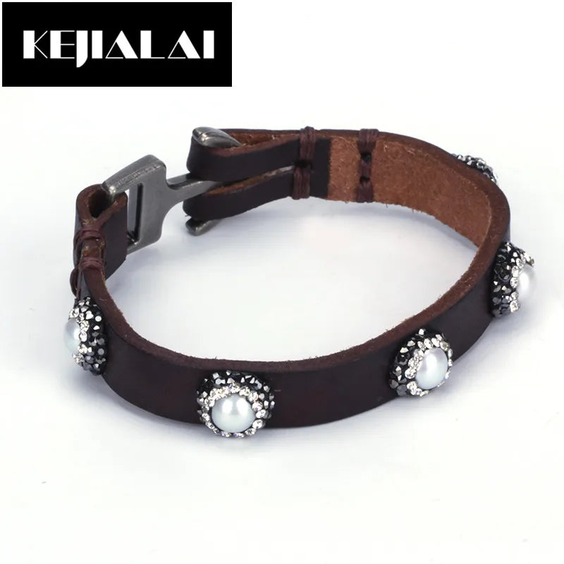 Vintage Leather Bangle Bracelet with Freshwater Pearl Charm