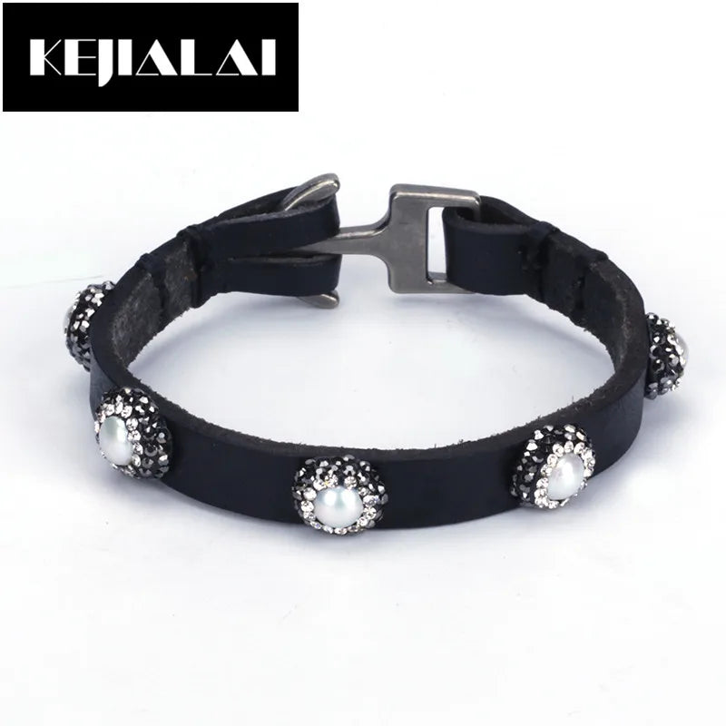 Vintage Leather Bangle Bracelet with Freshwater Pearl Charm