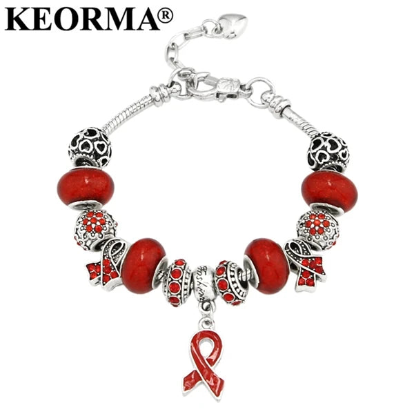 Pink Ribbon Pendant Heart Bracelet Breast Cancer Awareness Gift