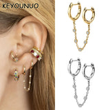 Silver Filled CZ Double Hoop Earrings Zircon Piercing Chain Earring