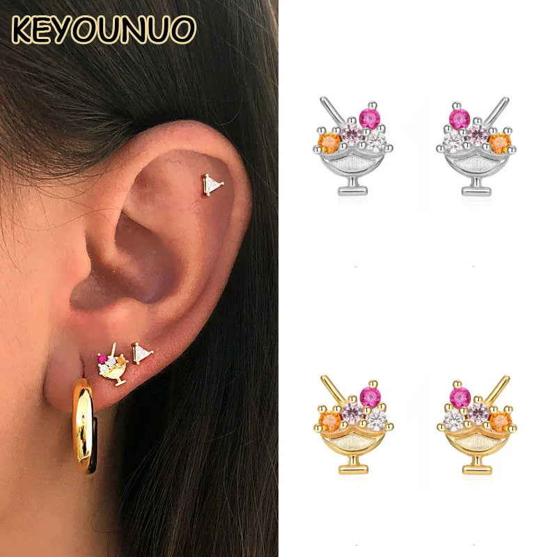 Silver Zircon Stud Earrings Ruby Piercing Women's Jewelry