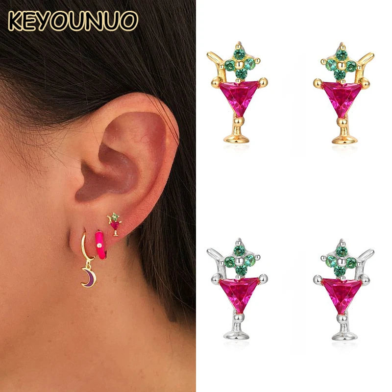 Silver Zircon Stud Earrings Colorful CZ Piercing Party Jewelry