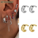 Silver Zircon Stars Stud Earrings CZ Huggie Hoop Wedding Jewelry