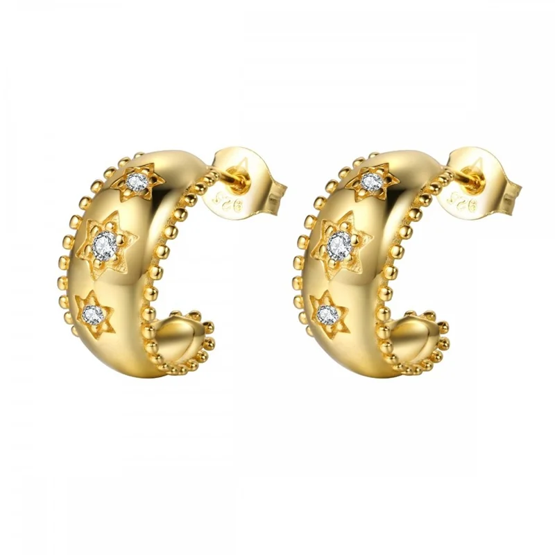 Silver Zircon Stars Stud Earrings CZ Huggie Hoop Wedding Jewelry