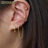 Silver Double Hoop Chain Drop Earrings Zircon Piercing Party Jewelry