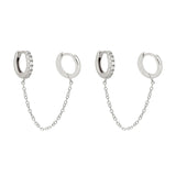 Silver Double Hoop Chain Drop Earrings Zircon Piercing Party Jewelry