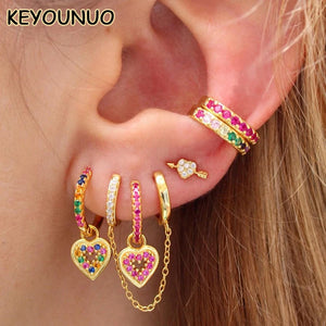 Silver Heart Dangle Earrings Colorful Zircon Hoop Drop Wedding Jewelry