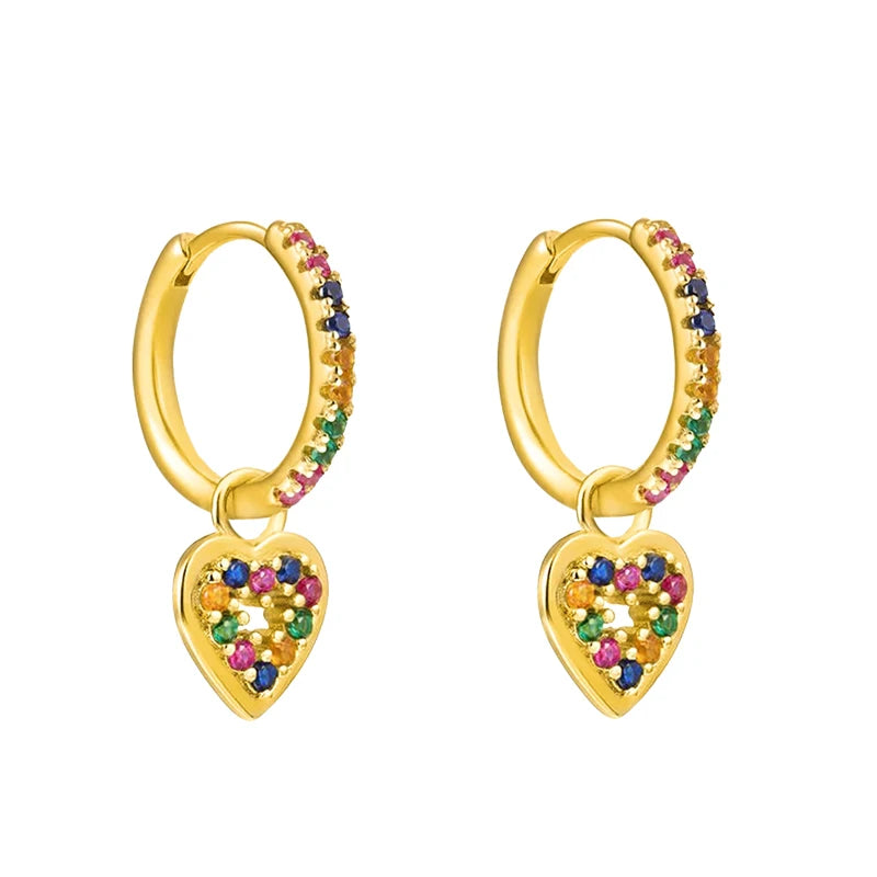 Silver Heart Dangle Earrings Colorful Zircon Hoop Drop Wedding Jewelry