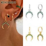 Silver Filled Moon Dangle Earrings Green Zircon Piercing Drop Earrings