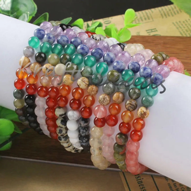 Natural Rose Pink Quartz Red Agates Stone Beads 7 Chakra Stretch Bracelet