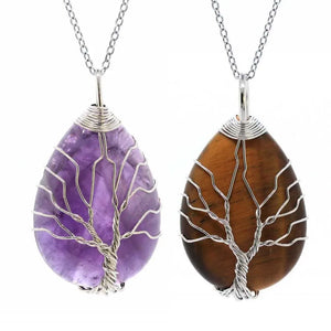 Wire Wrapped Tree of Life Pendant Crystal Quartz Chakra Point Necklace