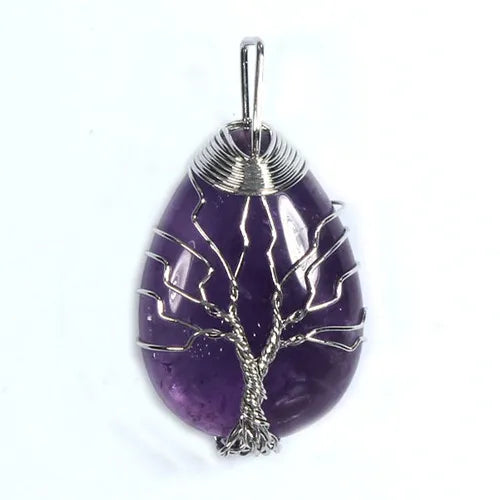 Wire Wrapped Tree of Life Pendant Crystal Quartz Chakra Point Necklace