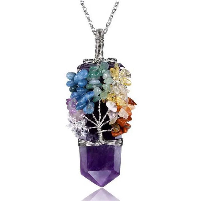 7 Chakra Tree of Life Amethysts Quartz Necklace