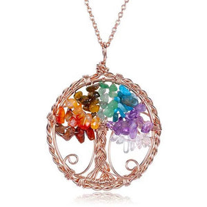Crystal Tree of Life Necklace 7 Chakra Reiki Stone Quartz Jewelry