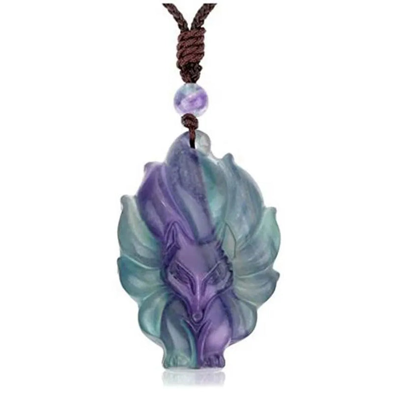 KFT Natural Reiki Fluorite Crystal Nine Tailed Fox Pendant Necklace