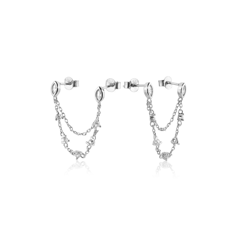 925 Sterling Silver Teardrops Ovals Chain Earring Women Piercing Clips