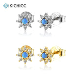 925 Silver Flower Turquoise Opals Stud Earring Women Tiny Clips Wedding