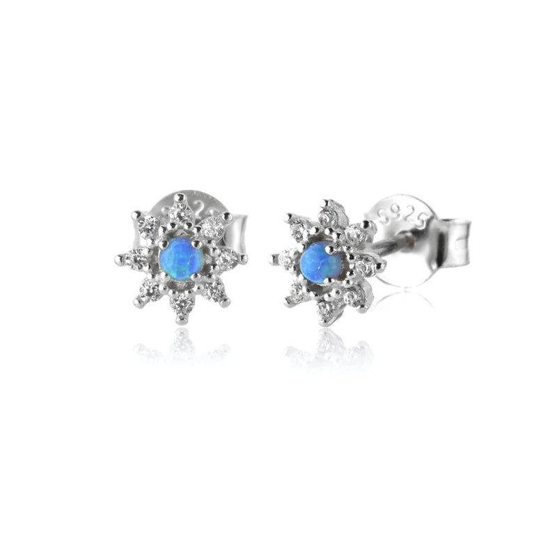 925 Silver Flower Turquoise Opals Stud Earring Women Tiny Clips Wedding