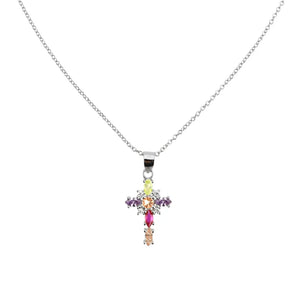 925 Silver Rainbow CZ Cross Pendant Necklace Crystal