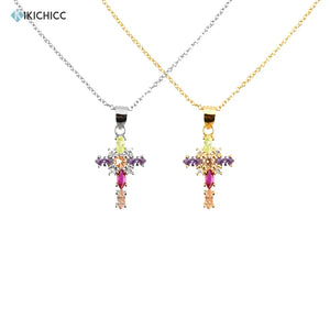 925 Silver Rainbow CZ Cross Pendant Necklace Crystal