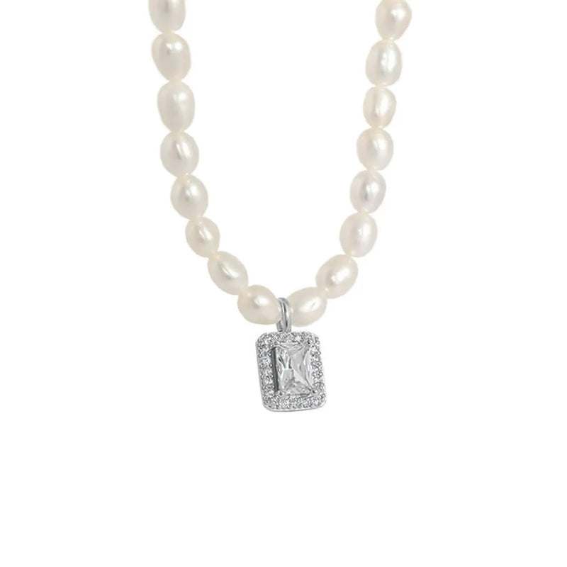 925 Silver Zircon Pendant Pearl Chain Choker Necklace Wedding Jewelry