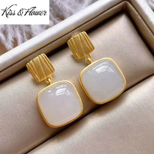 ER121 Square Jade 24KT Gold Stud Earrings