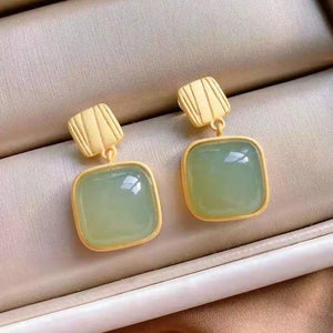 ER121 Square Jade 24KT Gold Stud Earrings