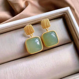 ER121 Square Jade 24KT Gold Stud Earrings