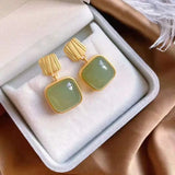 ER121 Square Jade 24KT Gold Stud Earrings