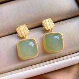 ER121 Square Jade 24KT Gold Stud Earrings