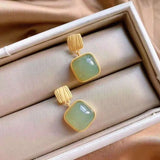 ER121 Square Jade 24KT Gold Stud Earrings