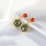 ER325 Hexagon Jade 24KT Stud Earrings Gift