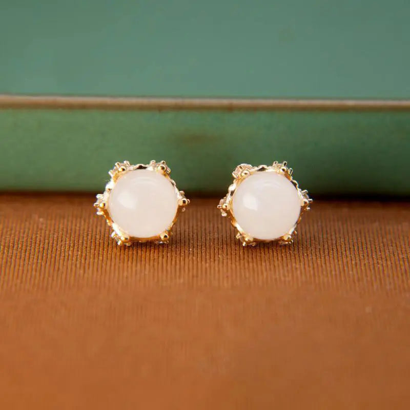 ER341 Vintage Bead Jade 24KT Stud Earrings