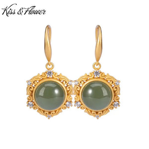 ER89 Round Jade 24KT Drop Earrings Wedding Gift