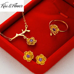 JS16 Flower Jewelry Set: Ring, Earrings, Necklace - 24KT Gold - Gift for Her