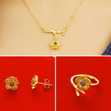 JS16 Flower Jewelry Set: Ring, Earrings, Necklace - 24KT Gold - Gift for Her