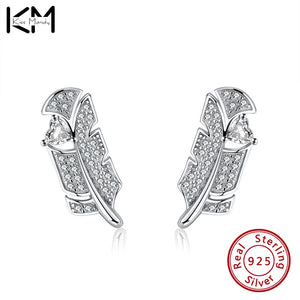 925 Silver Stud Earrings with Zircon Banana Leaf Design