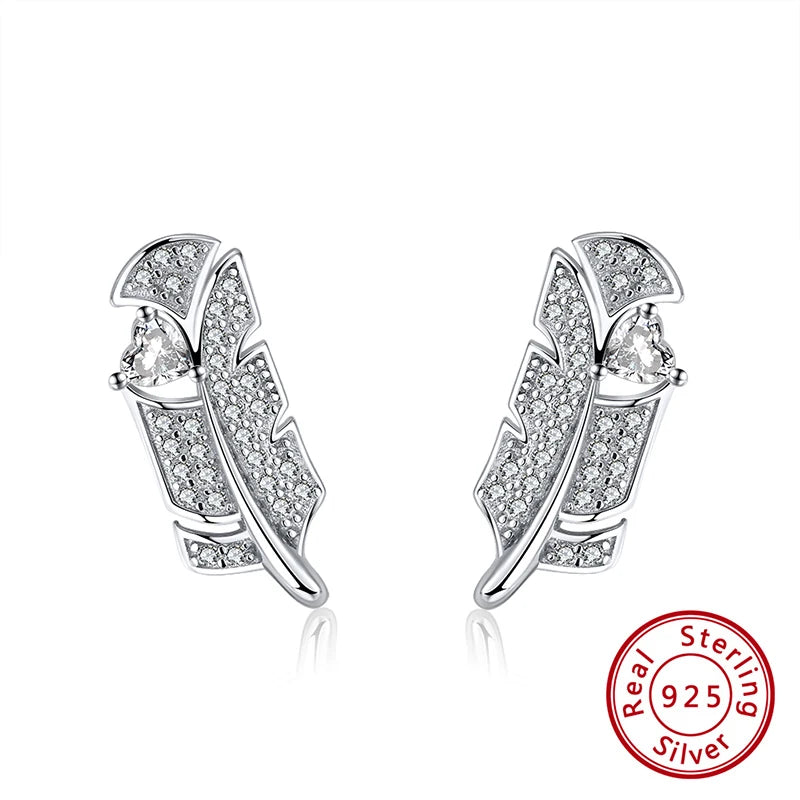 925 Silver Stud Earrings with Zircon Banana Leaf Design