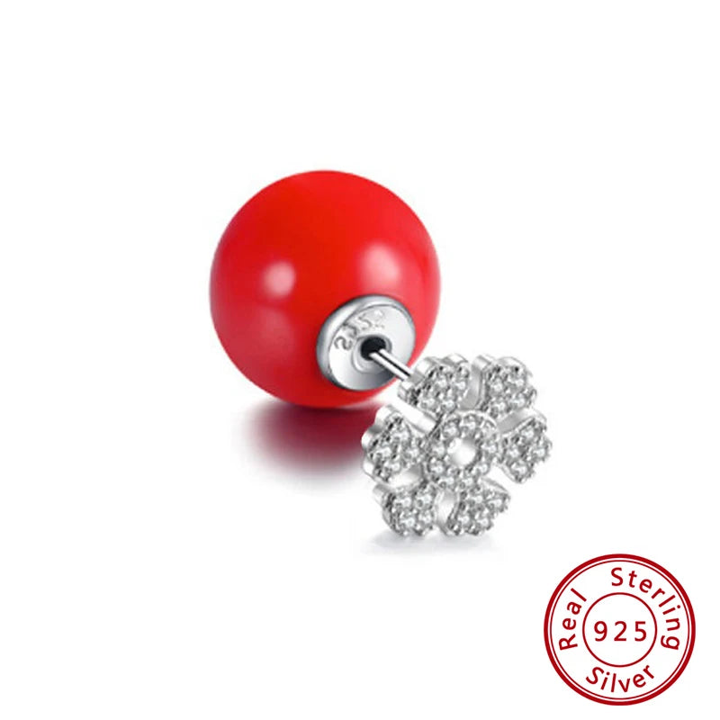 925 Silver Deer Snowflake Red Stud Earrings Christmas Jewelry