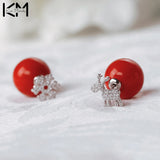 925 Silver Deer Snowflake Red Stud Earrings Christmas Jewelry