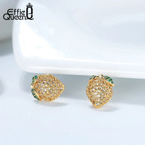 925 Silver Lemon Stud Earrings for Women Girls CZ Zircon Summer Ear Jewelry