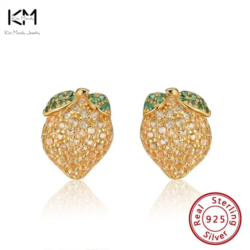 925 Silver Lemon Stud Earrings for Women Girls CZ Zircon Summer Ear Jewelry