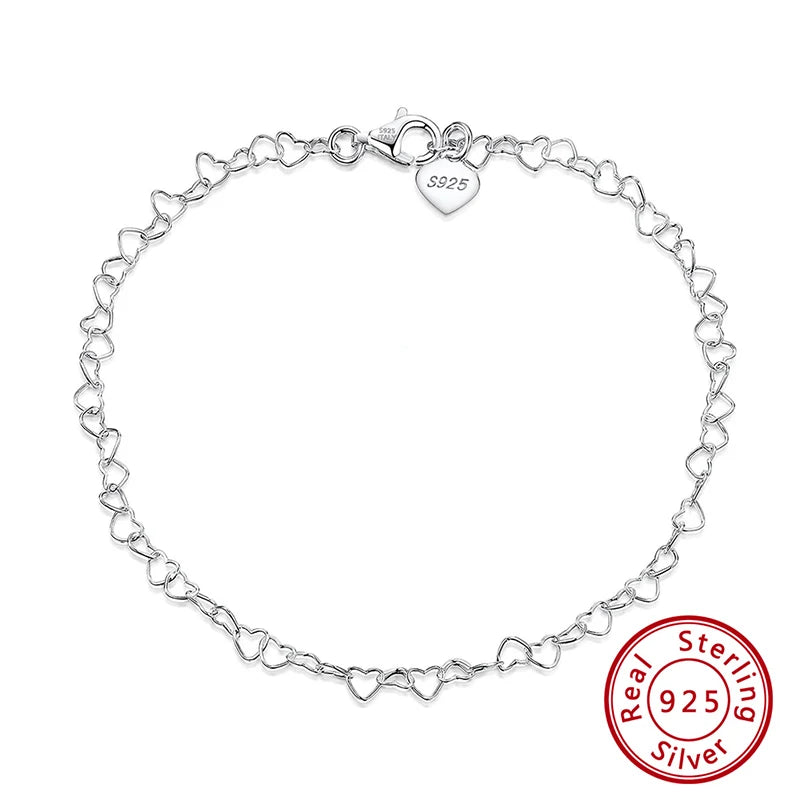 Thin Love Heart Chain Anklet 925 Sterling Silver/Gold 3.5mm