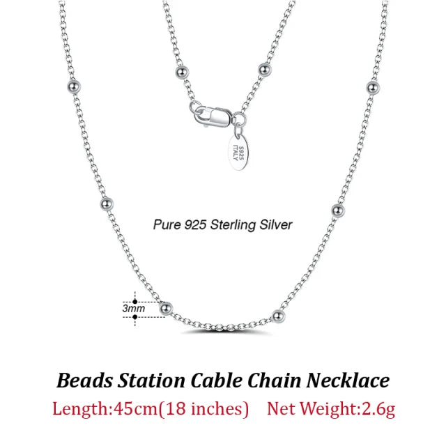 Italian 925 Silver 14K Rose Cable Chain w/ 2.0mm Ball Beads Station Necklace