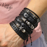 Punk Rock Skull Star Feather Leather Bracelet Men Charms Bangles Armband