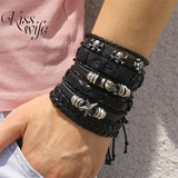 Punk Rock Skull Star Feather Leather Bracelet Men Charms Bangles Armband