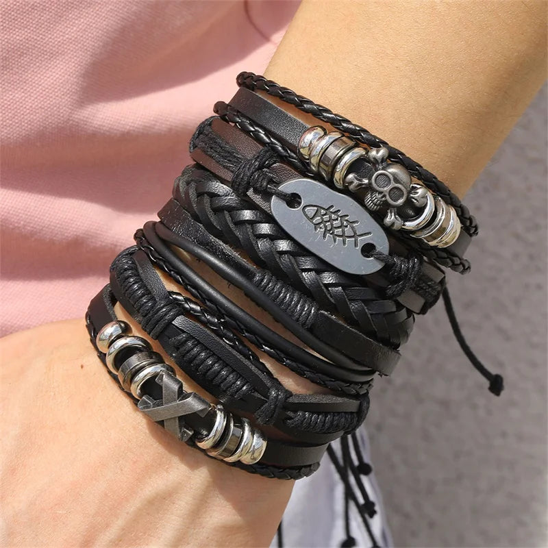 Punk Rock Skull Star Feather Leather Bracelet Men Charms Bangles Armband